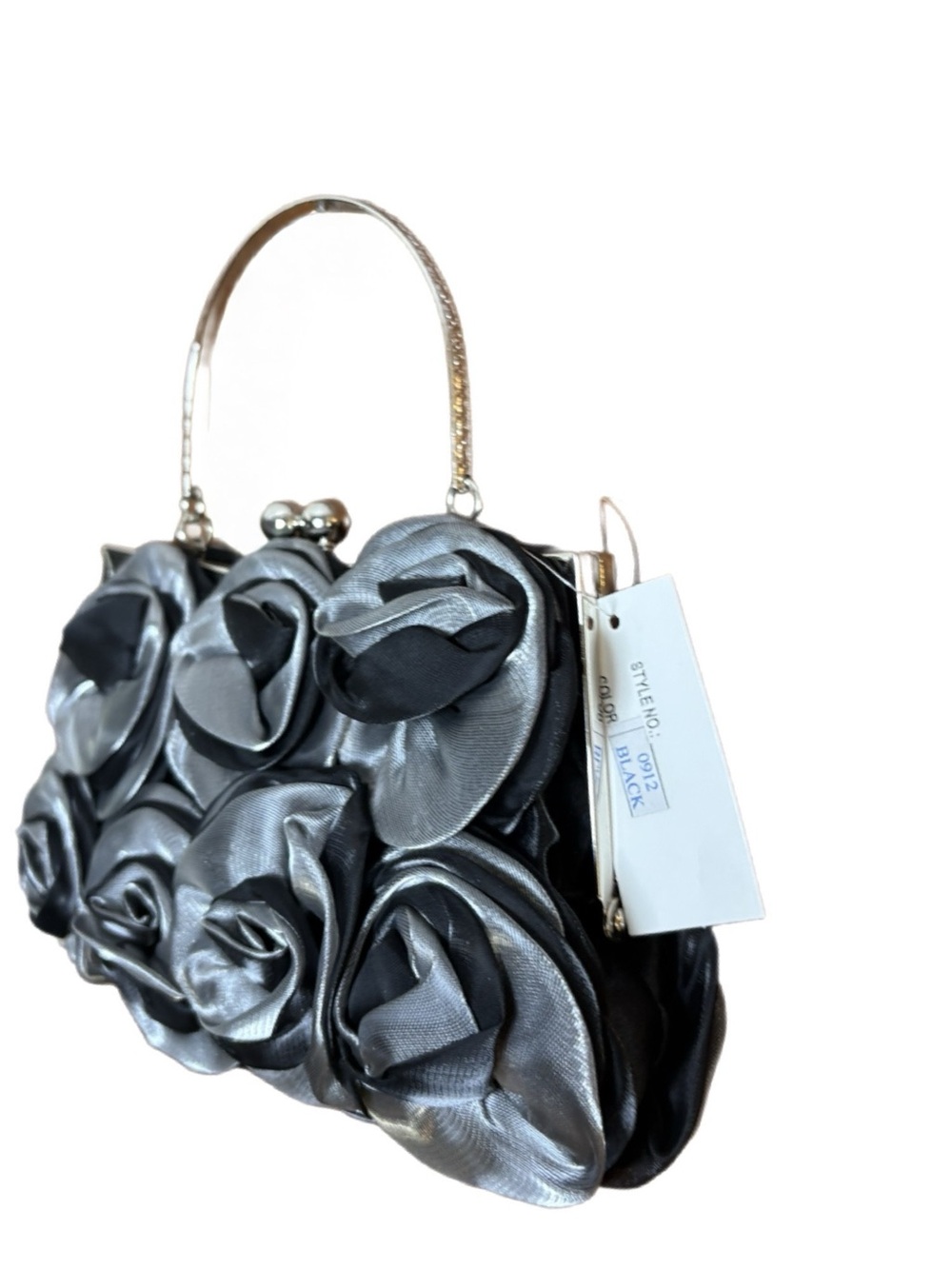 Helen Heart Gray Rosette Formal Evening Bag NWT Silver Handle Chain Strap - Picture 6 of 6